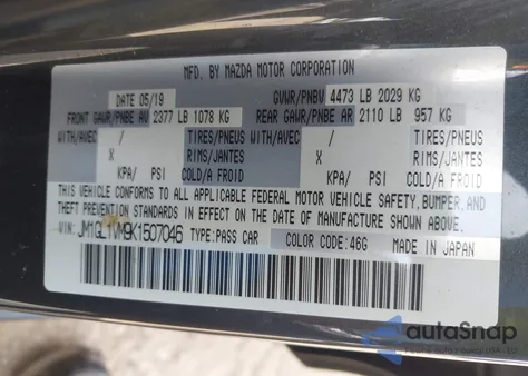 2019 Mazda Mazda6 Touring z USA, uszkodzony, nr VIN JM1GL1VM9K1507046